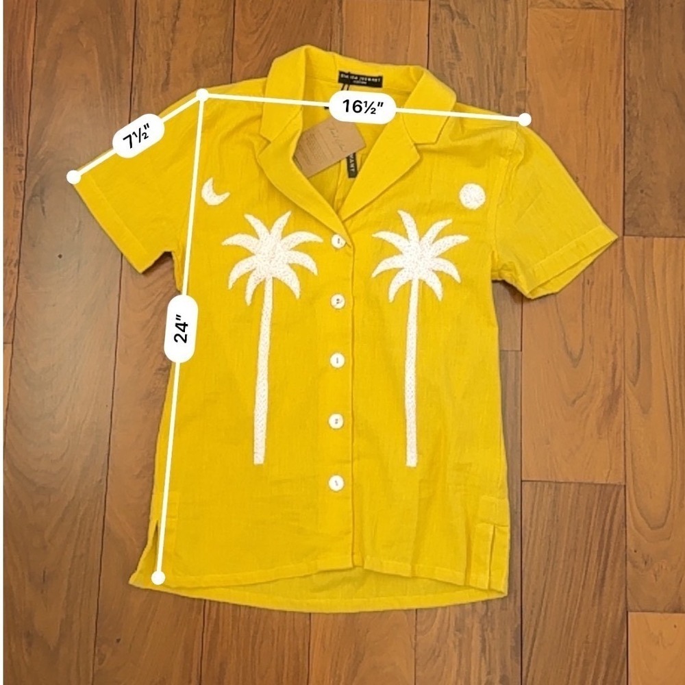Bianca Jeswant XS Yellow Hand Embroidered Palm Tree 100% Cotton Camp Shirt NWT - Picture 2 of 5